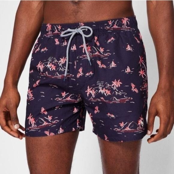Ted Baker Men's Island Palm Tree Print Swim/Board Shorts Size 4/Large Blue Red - Picture 1 of 11